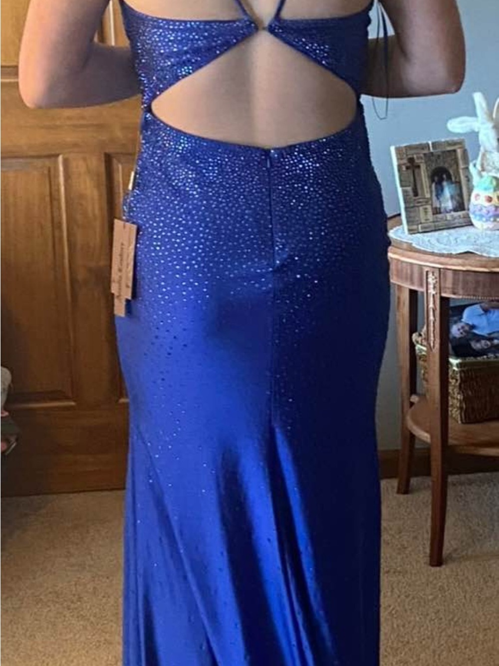 Backless Sequin-Embellished Evening Gown in Royal Blue